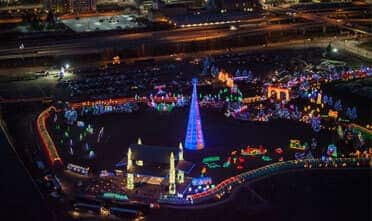 Aerial view of Bentleyville showing the lights at night