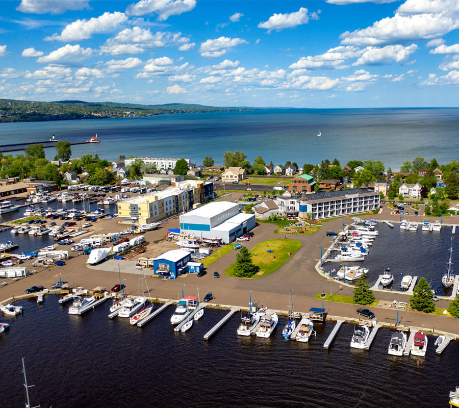 Aerial view of Park Point Marina Inn and the harbor