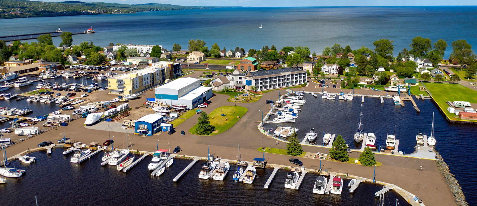 Aerial view of Park Point Marina Inn and the harbor